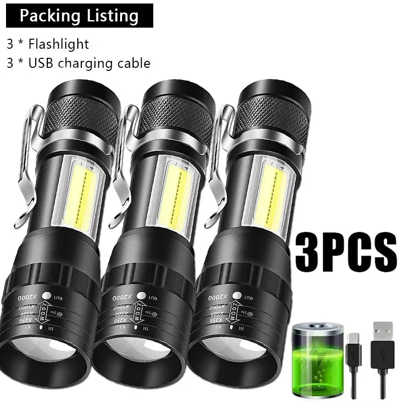 USB Mini Rechargeable Flashlight COB+XPE LED Zoomable Torch Built-in Battery 3 Lighting Modes Outdoor Camping Emergency Lantern Oasis Select