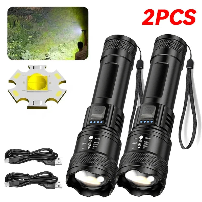 High Strong Power Led Flashlights 2000LM Tactical USB Charging Camping Emergency Fishing Zoom Lantern Torch with Display Light Oasis Select 2PCS