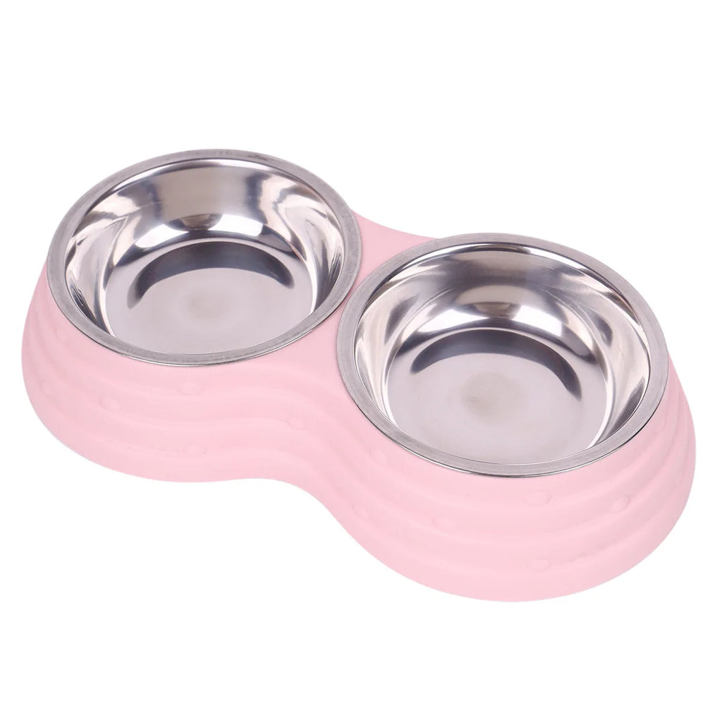 PP Material Pet Feeding Bowl Stainless Steel Large Capacity Dog and Cat Drinking Water and Eating Double Bowl Non-Slip Feeding Oasis Select pink-2pcs S