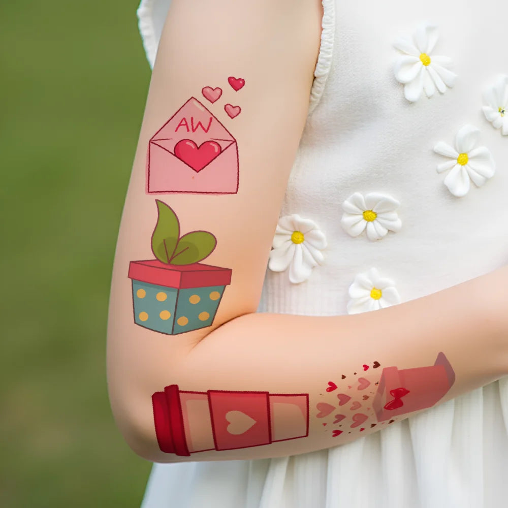 63pcs Waterproof Temporary Tattoo Stickers – Hearts, Bears & Balloons