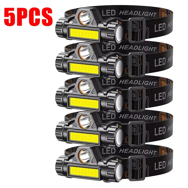 Super Bright Rechargeable COB LED Headlamp Magnetic USB Head Torch Outdoor Camping Hiking Fishing Long Battery Life Waterproof Oasis Select 5Pcs