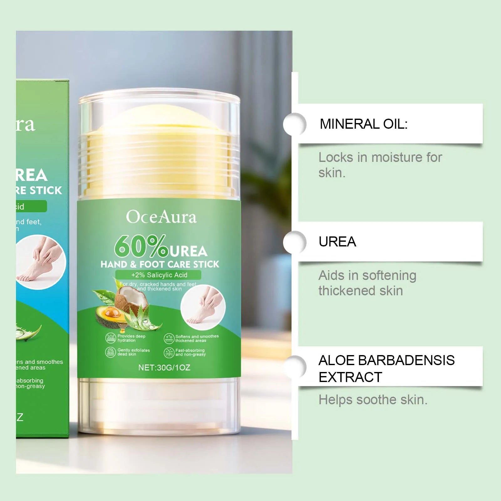 60% Urea Hand & Foot Care Stick Moisturizing Balm for Dry Rough Skin Gentle Exfoliation Softening Skin Cracked Heel Repair Care Oasis Select