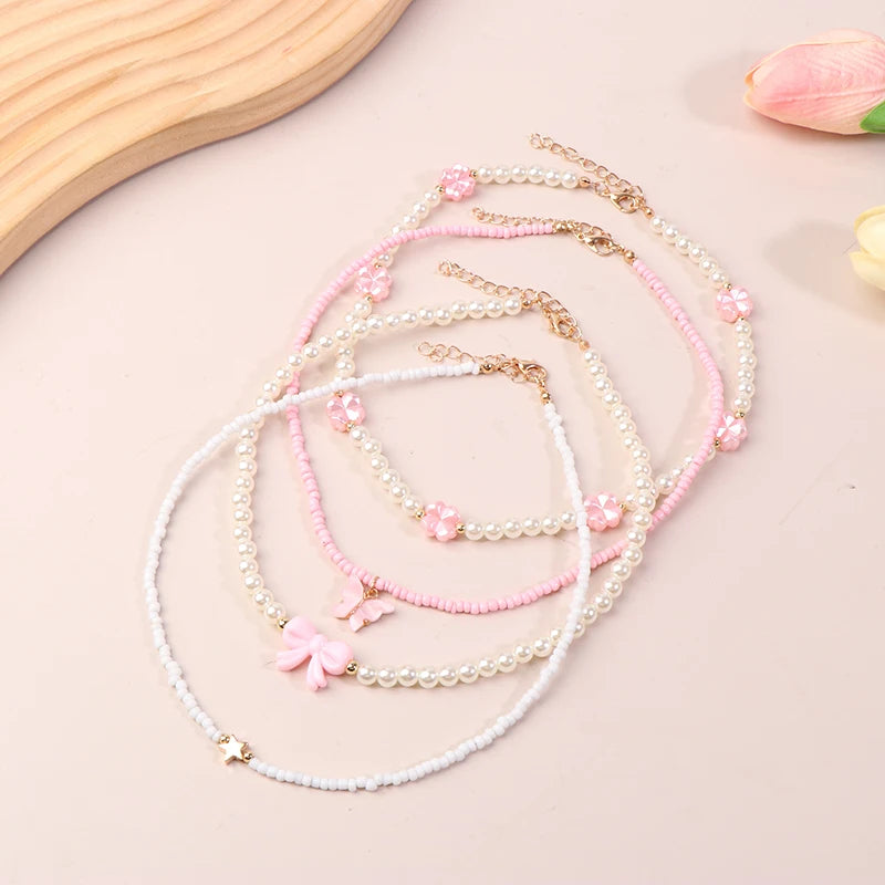 4pcs/Set Girls' Butterfly Heart Flower Pearl & Beaded Handmade Necklace Set Children Teen Friendship Best Gift For Friends Oasis Select 5pcs