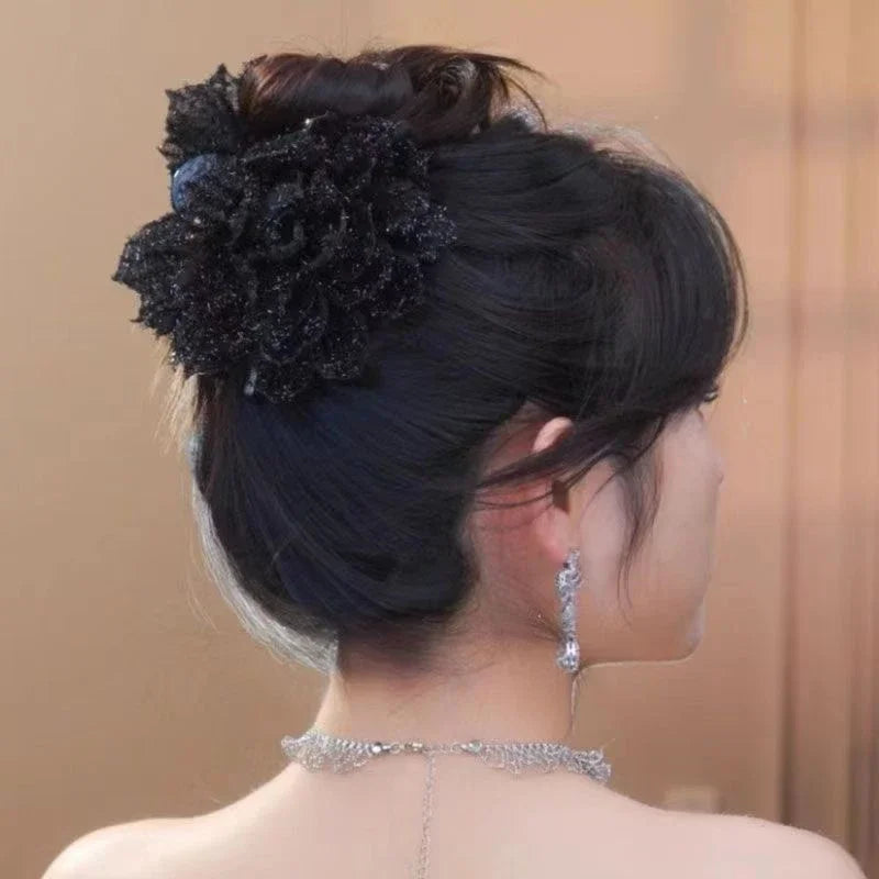 Fashion Black Mesh Flower Hair Clip For Women Shark Ponytail Claw Headdress Temperament Hair Accessories Oasis Select
