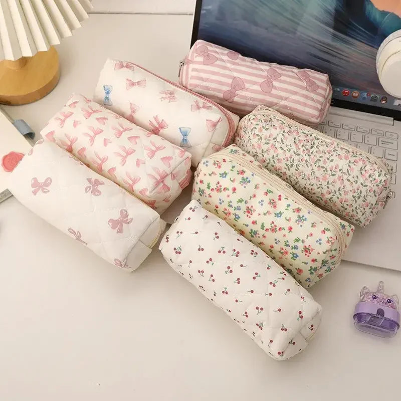 Sweet Cute Bow Floral Cherry Pencil Case Portable Large Capacity Student Stationery Storage Bag Pen Bag Girly Cosmetic Bag Gifts Oasis Select