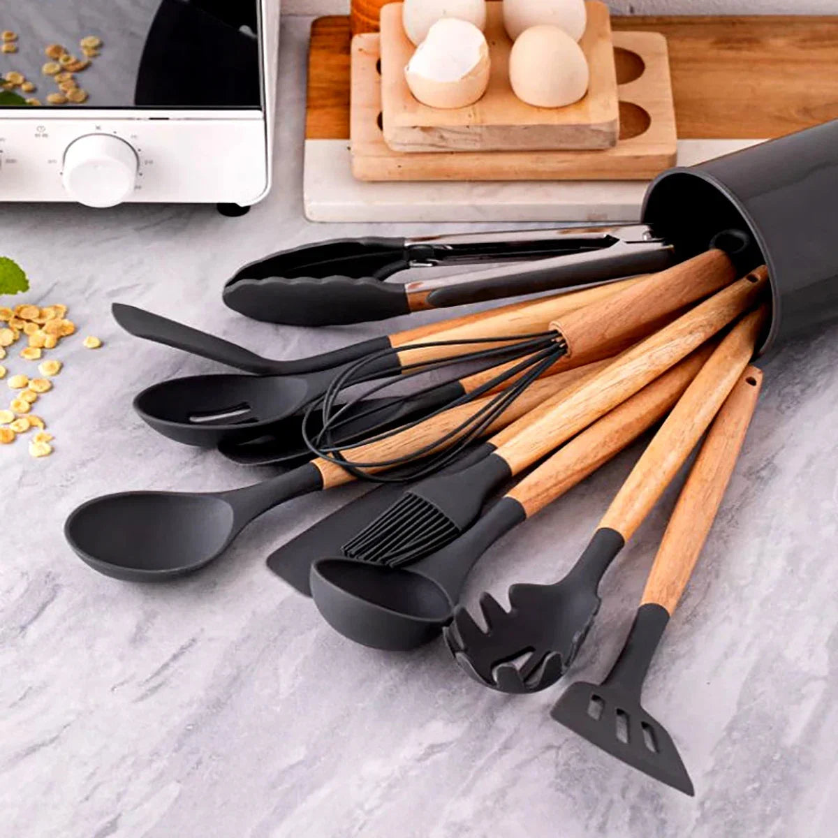 12Pcs Silicone Utensils Set Non-Stick Cookware Spatula Shovel Egg Beaters Wooden Handle Kitchenware Home Kitchen Cooking Tools Oasis Select