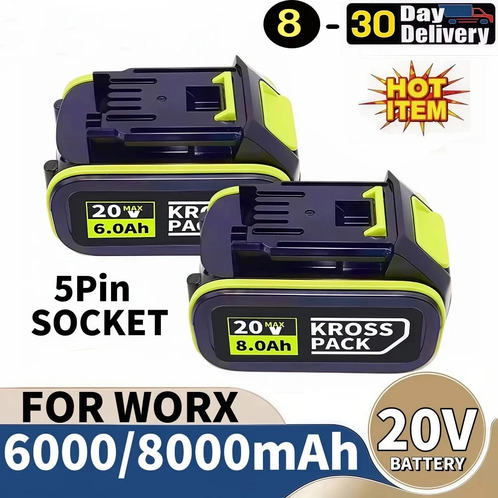20v 6.0Ah/8.0Ah Li-ion Battery for Worx WA3553/WA3551 20V Cordless Power Tool Battery WA3572 WX390 WX176 WX178 WU268 with LED Oasis Select