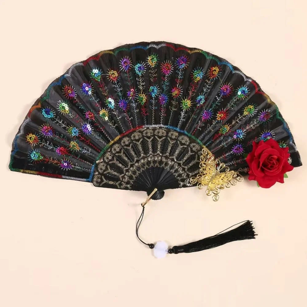 Sequin Embroidered Rose Lace Folding Fan with Tassel - Vintage European Handheld Fan for Cosplay Halloween Party Supplies Oasis Select