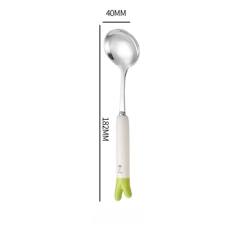 1Pcs Cute Cartoon Green Onion Stainless Steel Ceramic Tableware Creative Family Spoon and Fork Birthday Gifts for Boys Girls Oasis Select A