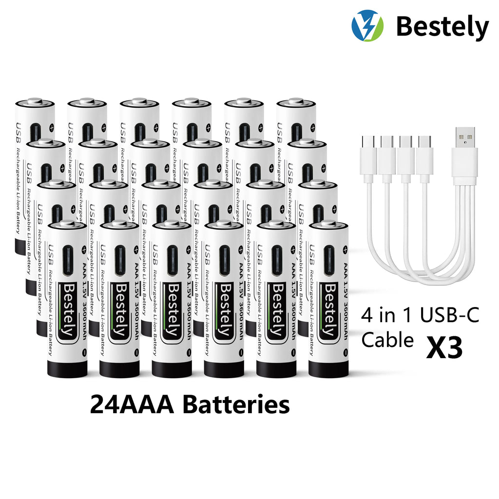 AAA Battery Rechargeable Li-Ion 1.5V 3600mAh 2000 Cycles USB-C Fast Charging Long-Lasting with free USB- C Cable Oasis Select 24 pcs Batteries