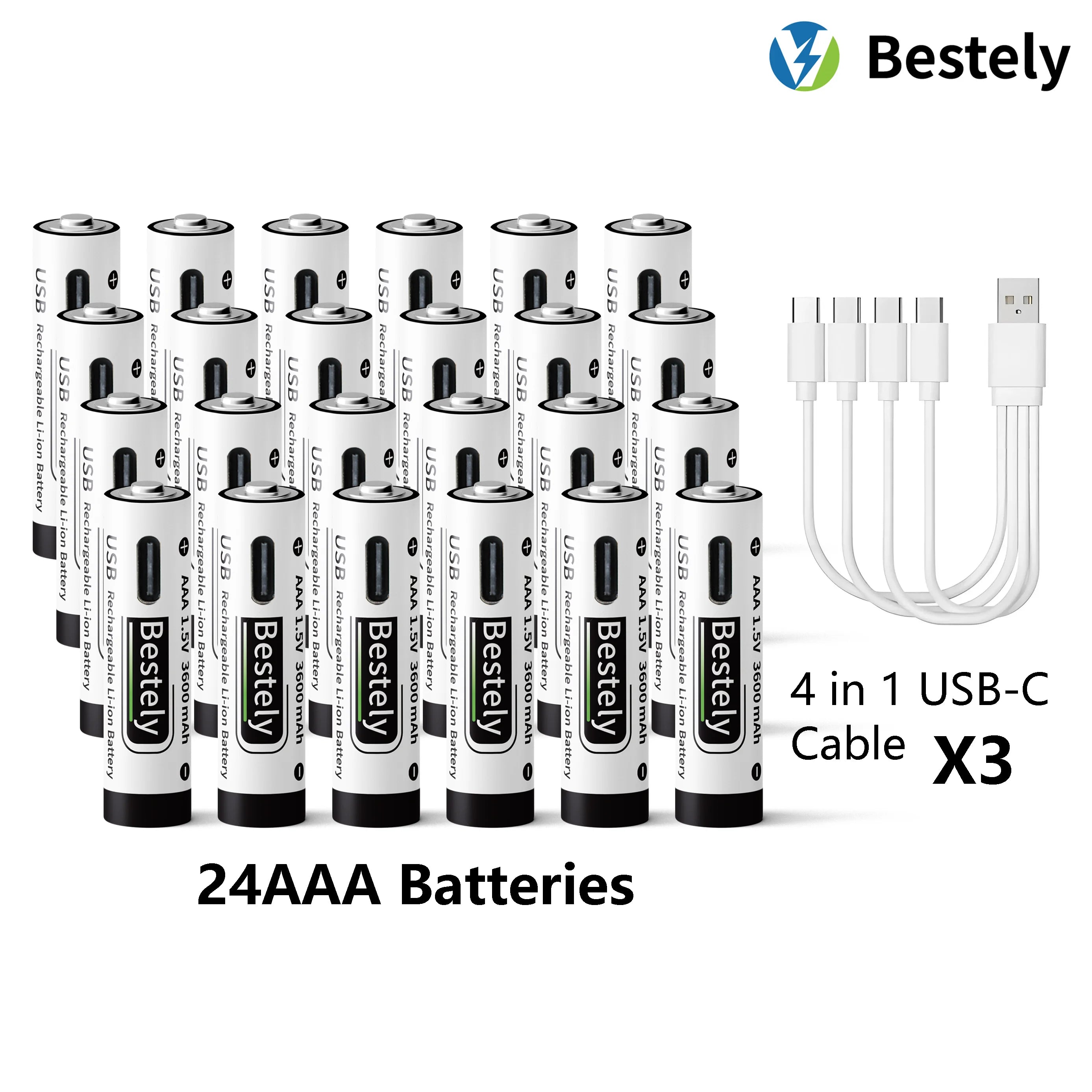 AAA Battery Rechargeable Li-Ion 1.5V 3600mAh 2000 Cycles USB-C Fast Charging Long-Lasting with free USB- C Cable Oasis Select 24 pcs Batteries