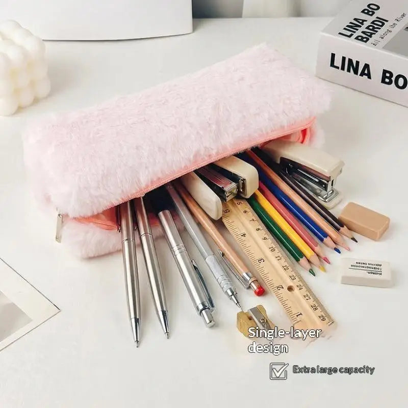 Plush Pencil Case & Makeup Bag – Large Capacity Fluffy Pouch