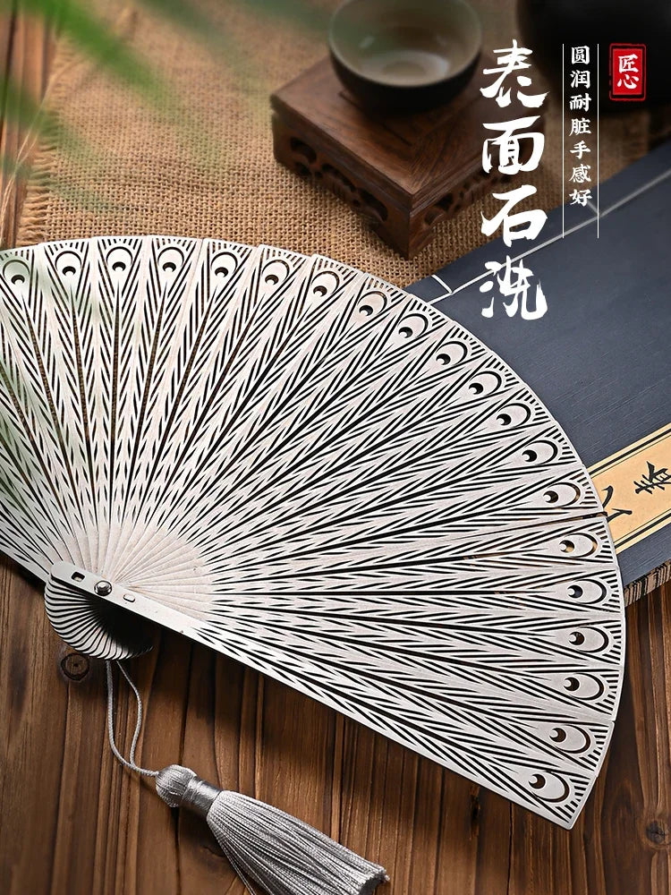 New Chinese Steel Gufeng Fan Hollowed Out Portable Self-defense Kung Fu Iron Fan Tai Chi Metal Stainless Steel Folding Fan Oasis Select
