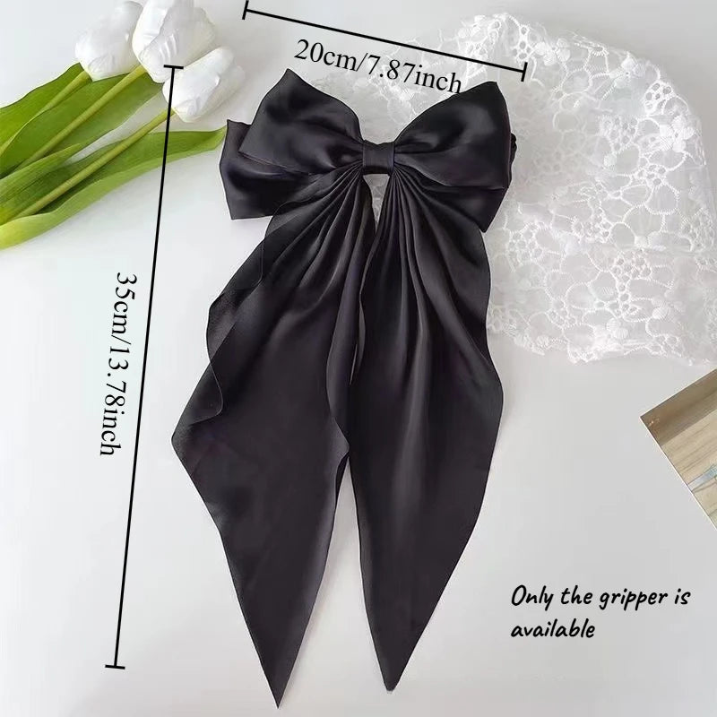 Oversized Satin Bow Hair Clip with Long Ribbon Elegant Solid Color Hairpin for Women Girls Party Daily Hairstyling Oasis Select black