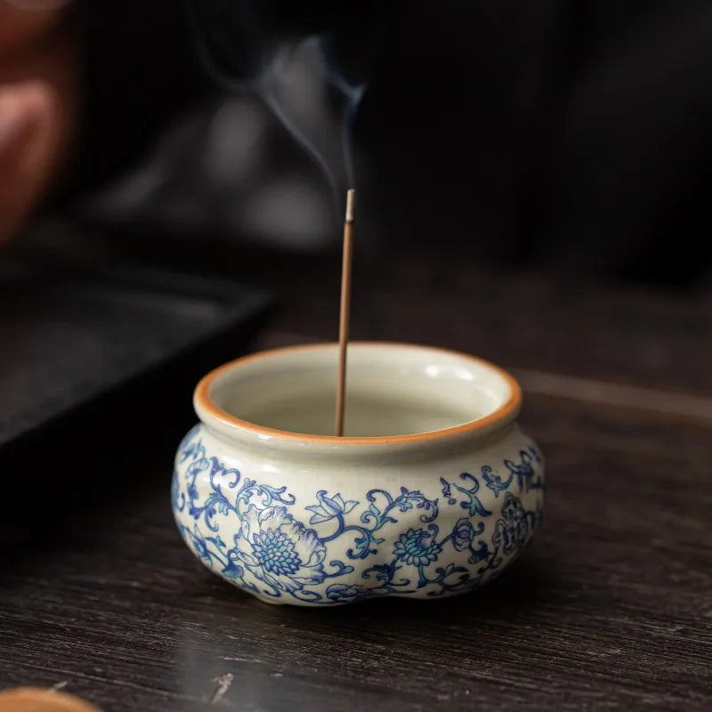 Chinese Style Ru Ware Lotus Incense Holder Desktop Sandalwood Censer Home Indoor Aromatherapy Ornament for Meditation Oasis Select