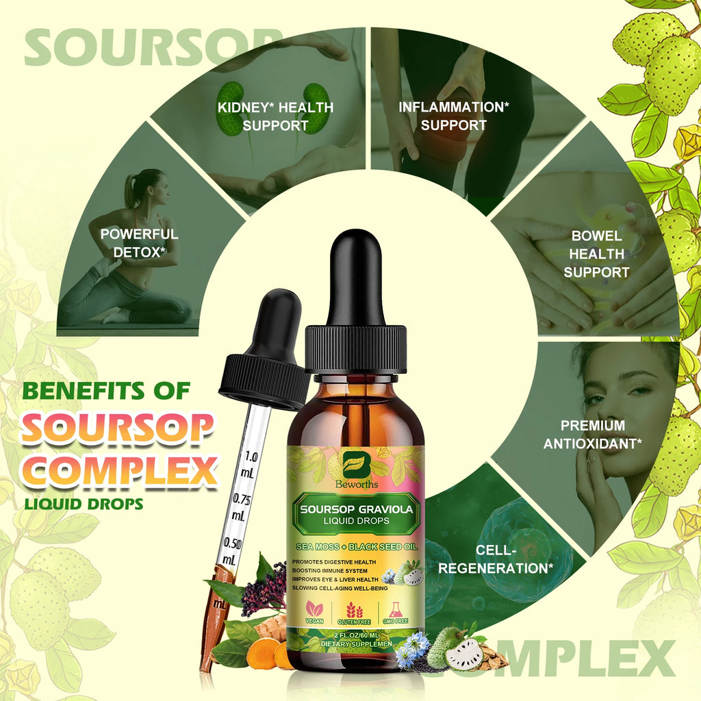 BEWORTHS 60ML Soursop Graviola Extract Drops Black Seed Oil Support Immunity and Kidney Health,Detox,Antioxidation Gluten-Free Oasis Select