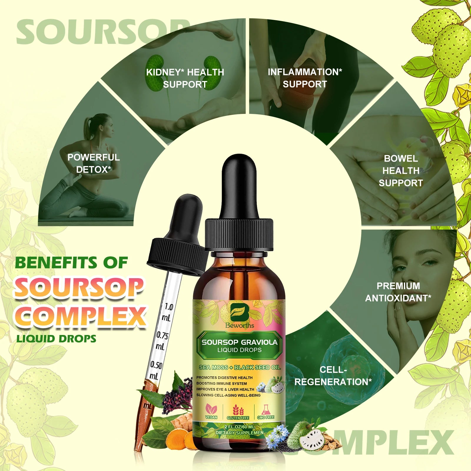 BEWORTHS 60ML Soursop Graviola Extract Drops Black Seed Oil Support Immunity and Kidney Health,Detox,Antioxidation Gluten-Free Oasis Select