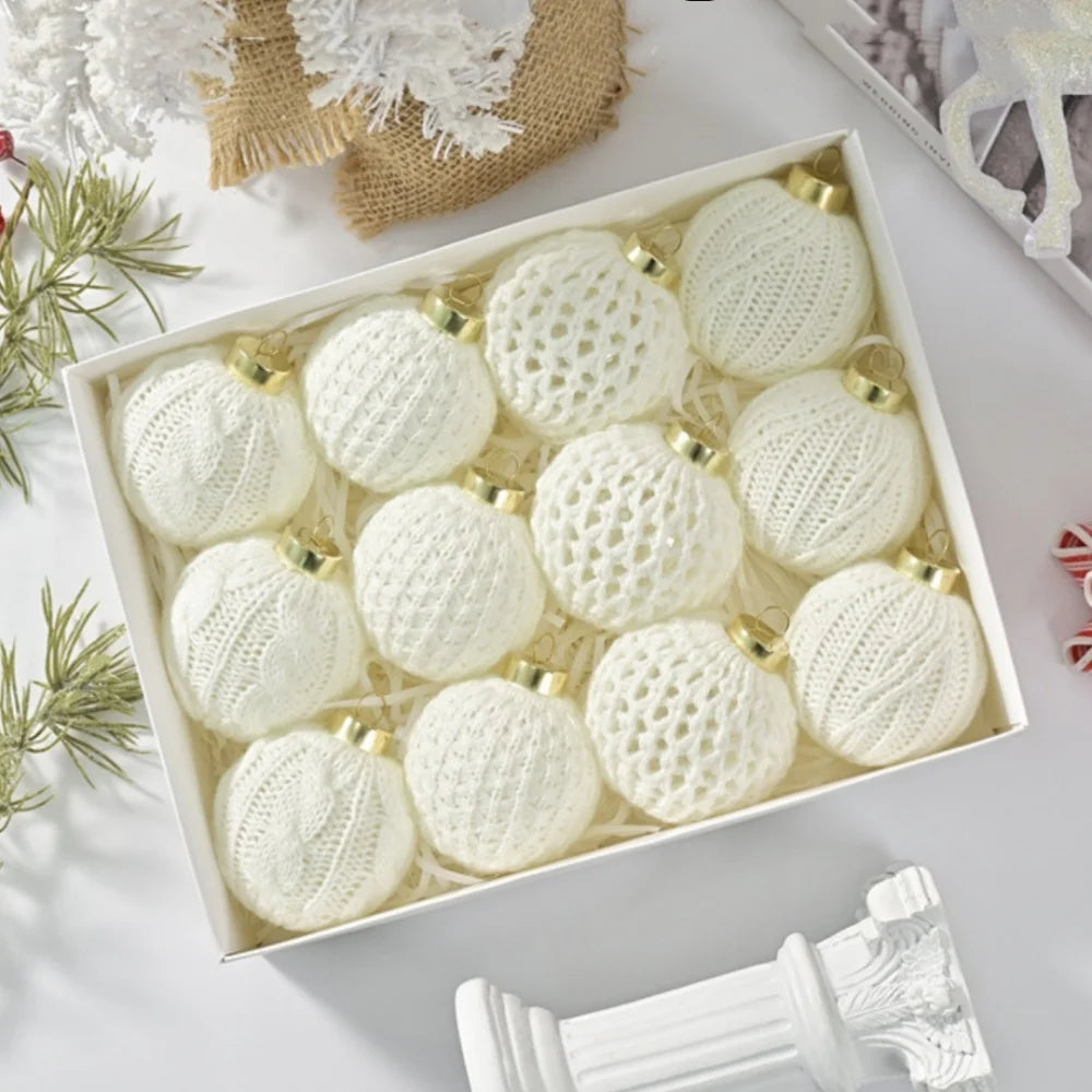 12Pcs White Christmas Balls Knitted Yarn Christmas Ball Ornaments Xmas Tree Hanging Decorations Home Decor New Year Navidad Gift Oasis Select