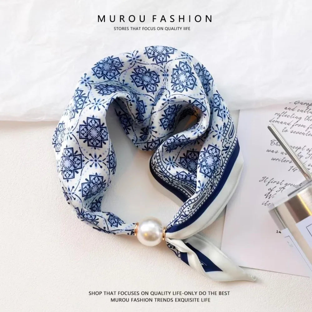 Elegant Breathable Silk Scarf Pearl Buckle Printed Magnetic Snap Scarf Lightweight Thin Faux Pearl Scarf for Women Accessories Oasis Select 06