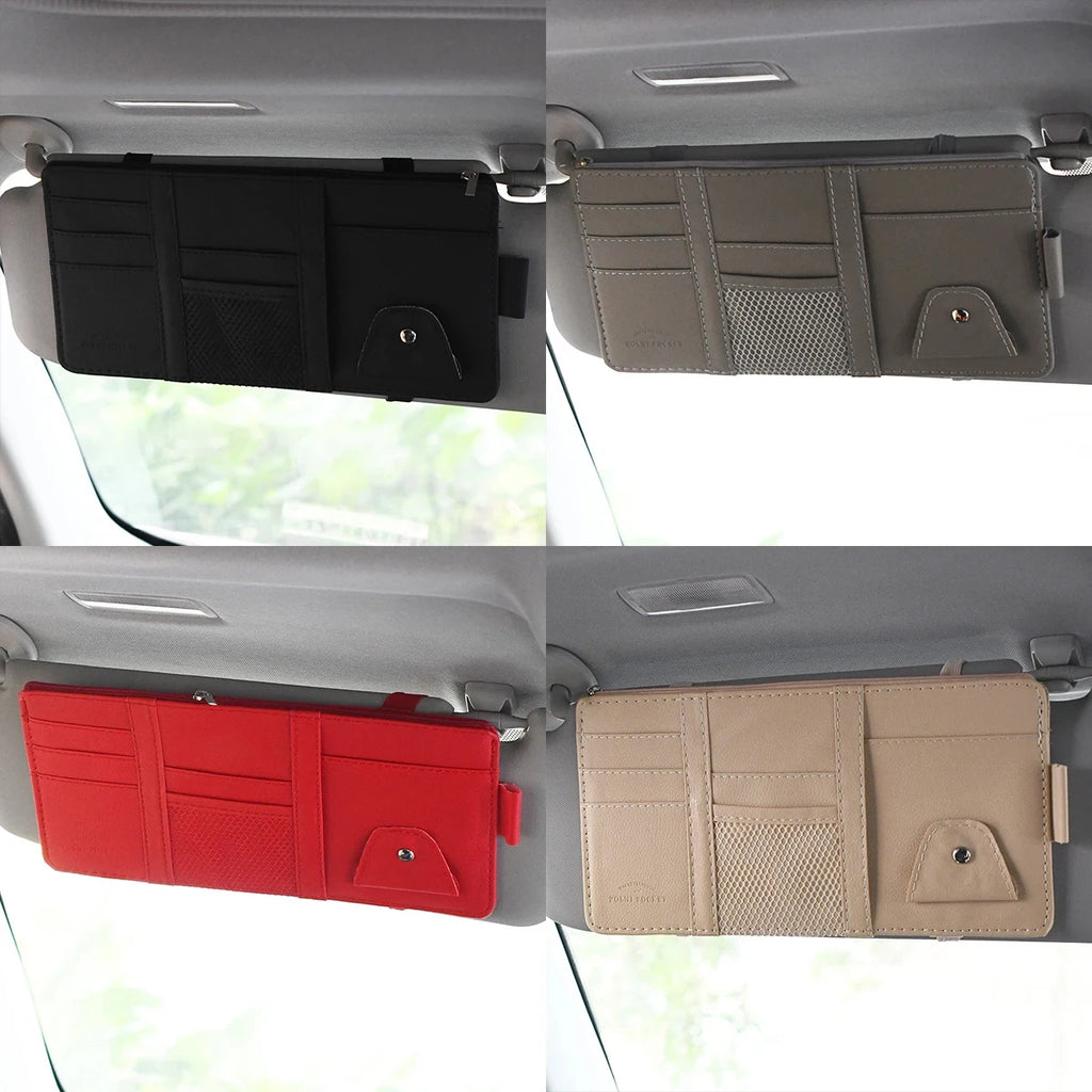 PU Leather Car Sun Visor Organizer – Multi-Pocket Holder