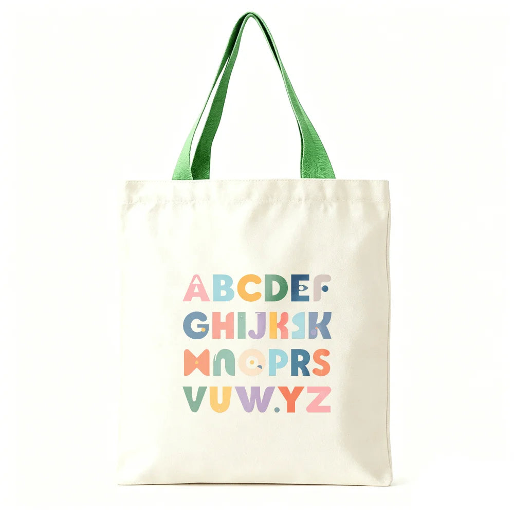 Colorful ABC Alphabet Canvas Tote Bag Large Capacity Eco Reusable Shopping Shoulder Bag Women Teacher Student School Handbags Oasis Select Green