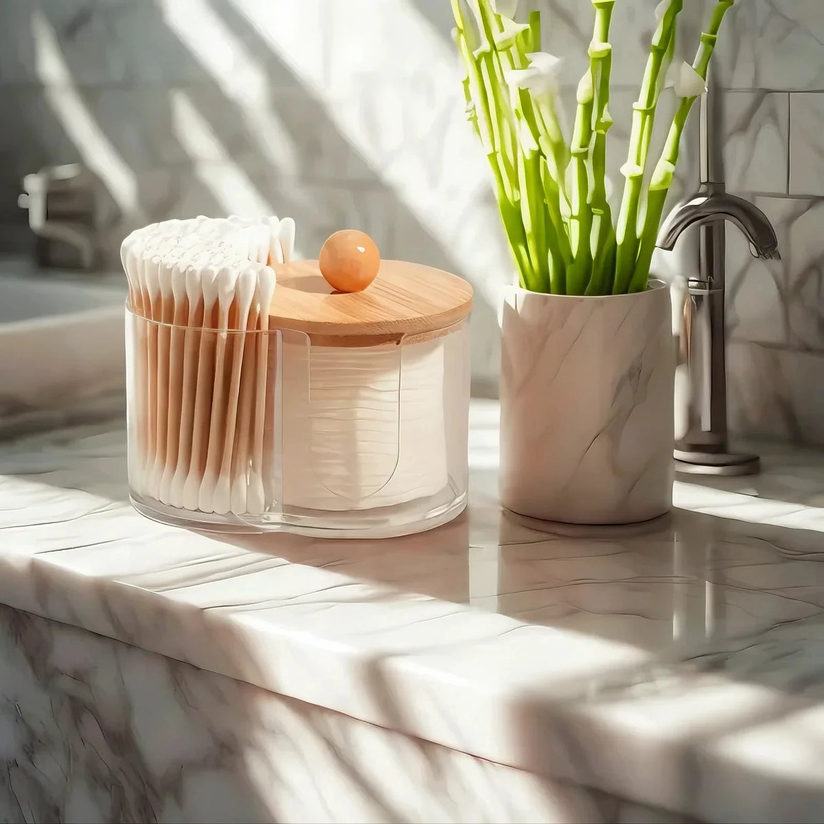 2-in-1 Clear Cotton Pad Swab Organizer Bamboo Lid Dual Compartment Space Saving Bathroom Vanity Storage Box with Bamboo Cover Oasis Select