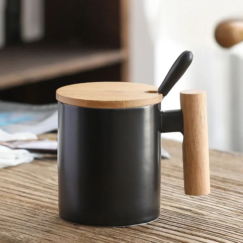 Creative 310ml Ceramic Coffee Mug with Wooden Handle & Lid Milk Cup Couple's Mug Office Kitchen Water Cup Drinkware Gift Box Set Oasis Select Black