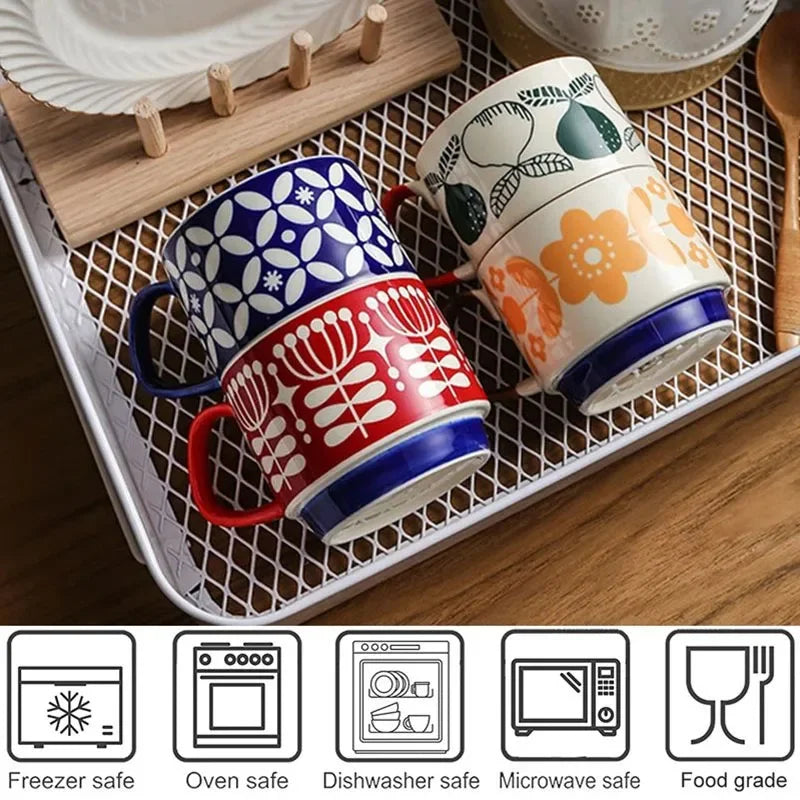 300ml Japanese Flower Coffee Mug Set Retro Ceramic Milk Oats Mug Office Water Handgrip Cup Kitchen Party Drinkware Set Oasis Select