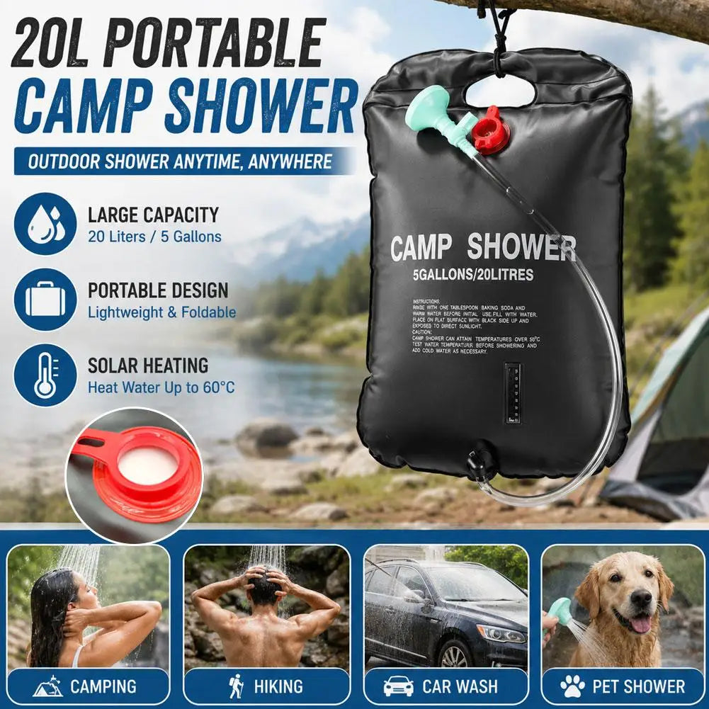 20L Solar Camping Shower Bag – Portable PVC & Shower Head