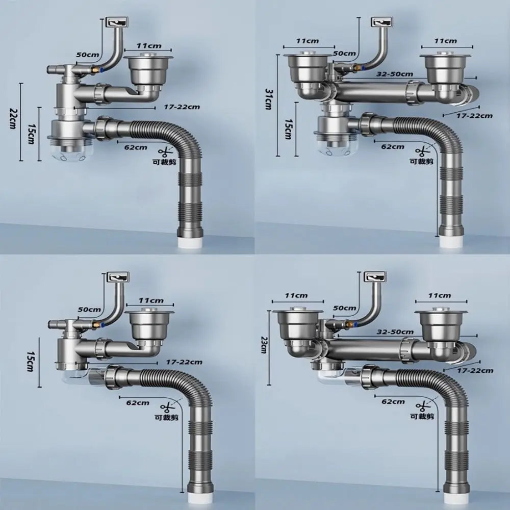 Plastic Sink Drain Pipe Set Easy Install Space Saving Sewer Replacement Pipe Single/Double Bowl Anti-Leak Drainage Kit Kitchen Oasis Select