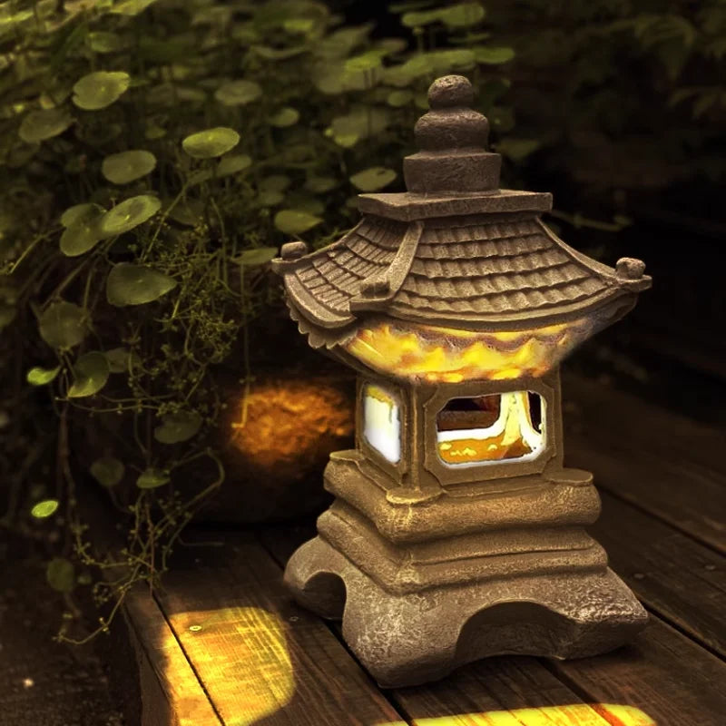 Solar Powered Japanese Pagoda Lantern Waterproof Outdoor Garden Decor Light Automatic Luminescence Zen Style Yard Pathway Lamp Oasis Select