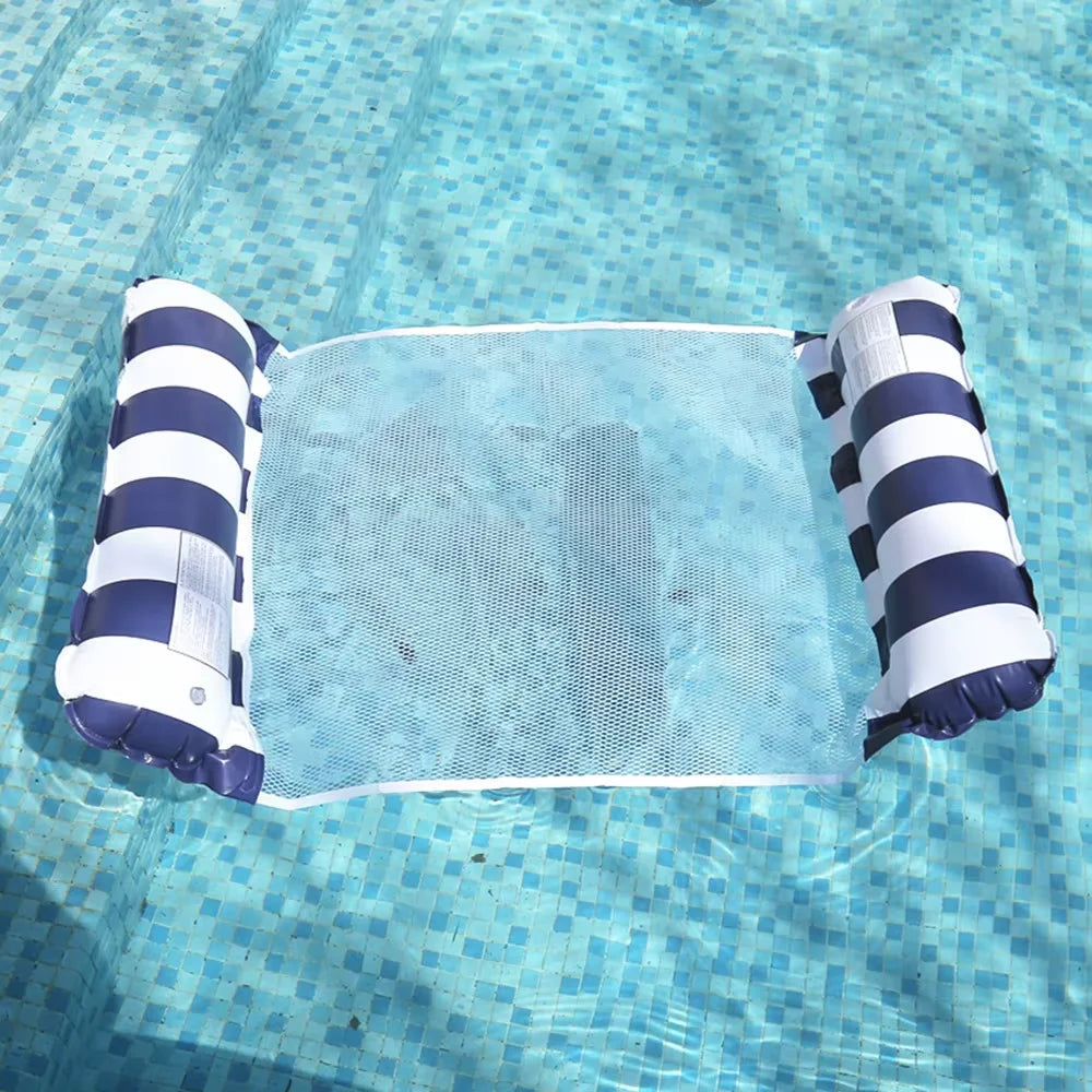 Foldable Striped Inflatable Lounge Chair for Swimming Pool Beach Leisure with Net Backrest Portable Floating Bed Oasis Select dark blue