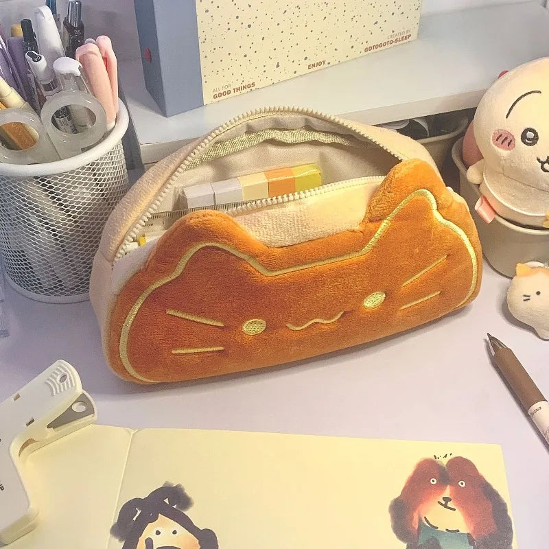 Cute Cat Caramel Bread Plush Pencil Bag Kawaii Student Large Capacity Stationery Bag Kitten Pencil Pouch Back To School Supplies Oasis Select