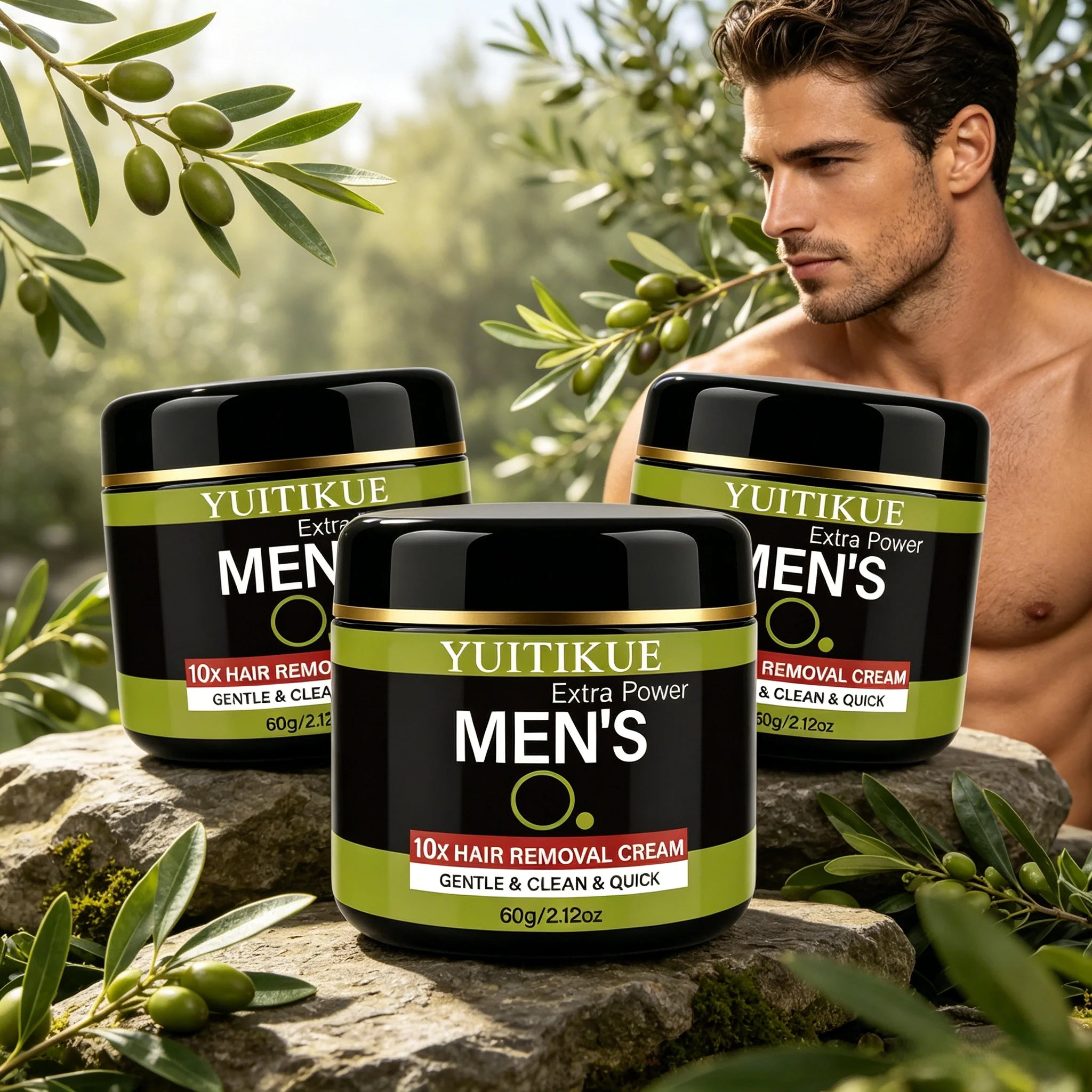 YUITIKUE Extra Power Men's Hair Removal Cream, Mild & Clean, Dissolves Hair Gently, No Irritation for All Skin Types Oasis Select 3pc