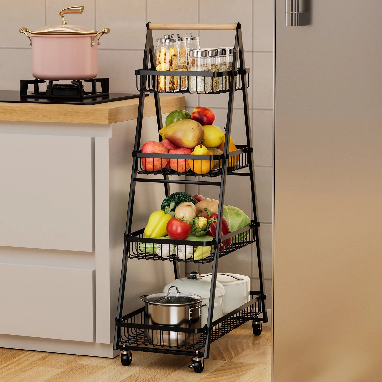 Kitchen rack Floor-to-ceiling multi-layer removable storage rack Household wooden pole trolley Vegetable basket Snack storage Oasis Select