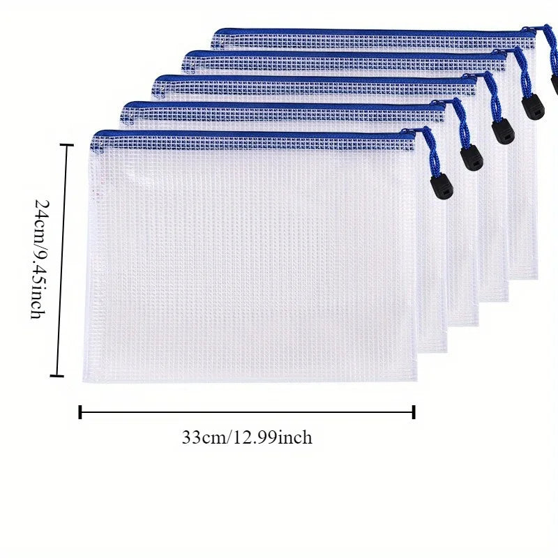 5pcs Thickened A4 file bag with zipper, PVC transparent mesh, large capacity student stationery, office supplies, data file bag Oasis Select