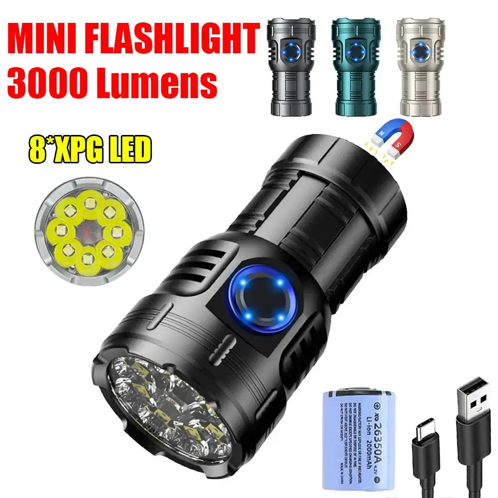 High Bright 8 LED Flashlight Aluminum Alloy Tactical Flashlight 26350 Battery Type-C Rechargeable Magnet Emergency Lantern Oasis Select