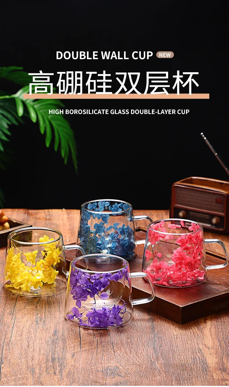 Petal Quicksand Coffee Cup High Appearance Level Dried Flower Real Flower Double Creative Drink Milk Glass Oasis Select