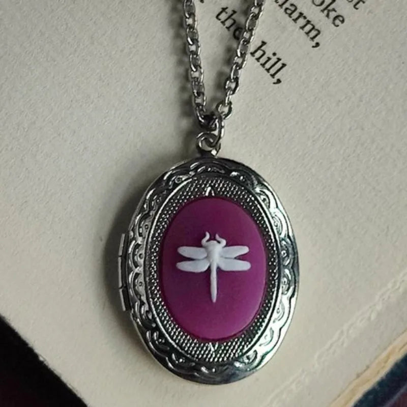 Gothic Vintage Black Red Purple Dragonfly Pendant Necklace Women's Retro Oval Collarbone Necklace Witch Jewelry Gift Accessories Oasis Select