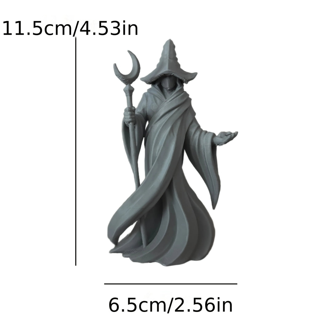 Gothic Faceless Wizard Miniature Figurine 3D Printed Moon Staff Cloaked Mage Statue Home Tabletop Bookshelf Ornament Decor Gifts Oasis Select Wizard Grey