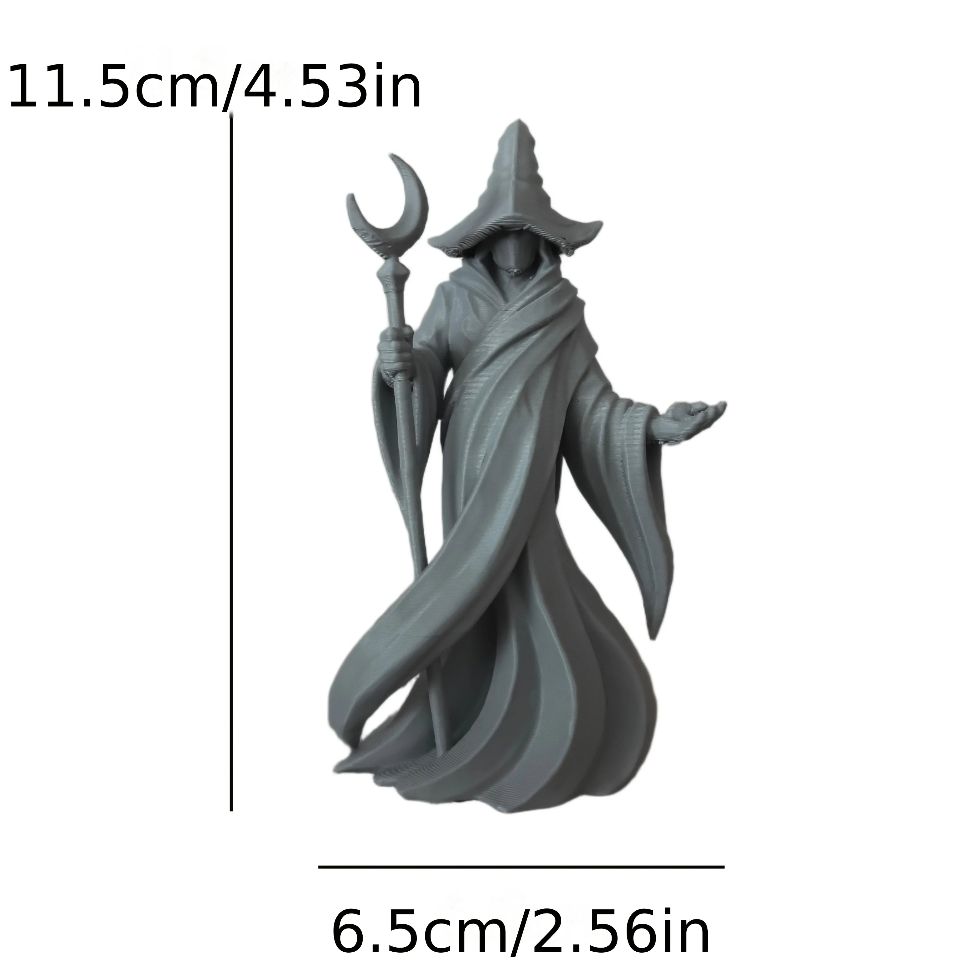Gothic Faceless Wizard Miniature Figurine 3D Printed Moon Staff Cloaked Mage Statue Home Tabletop Bookshelf Ornament Decor Gifts Oasis Select Wizard Grey