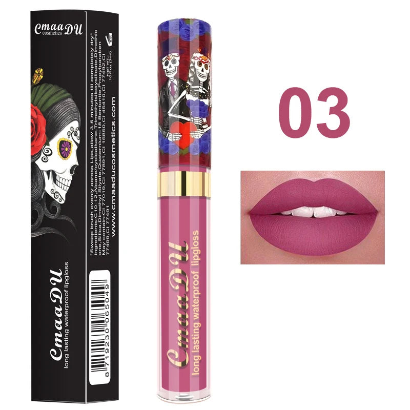 1pcs Matte Lip Gloss - Long-Lasting, Waterproof, Non-Fading, for All Skin Types - Vibrant Red Shades with Floral & Skull Designs Oasis Select 03