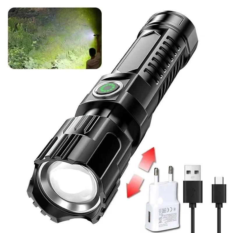 Portable Strong Light LED Flashlight Rechargeable Telescopic Zoom Torch Safety Emergency Light for Outdoor Camping Cycling Lamp Oasis Select 1PCS with EU