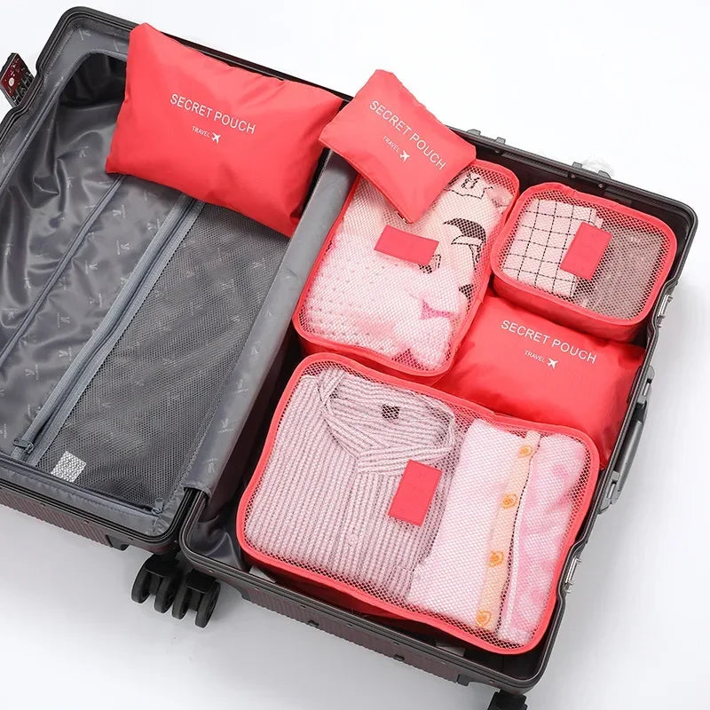 6pcs Set Travel Storage Bags Suitcase Packing Set Storage Cases Portable Luggage Organizer Clothes Shoe Foldable Organizer Oasis Select WatermelonRed