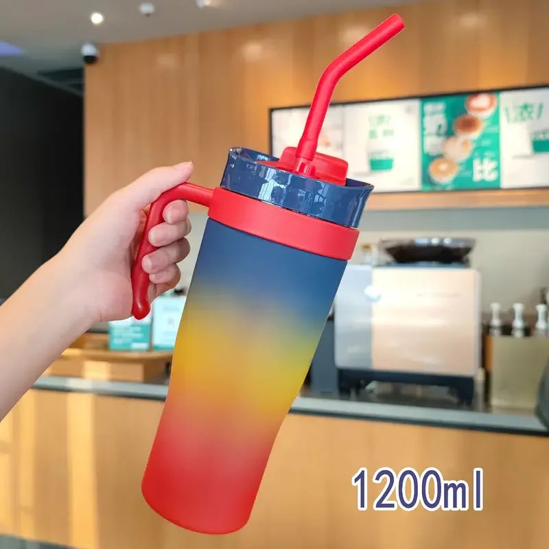 1200ml Large Capacity Gradient Frosted Sports Water Bottle Tumbler for Car Gym Outdoor Travel Reusable BPA Free Cup with Straw Oasis Select As Shown Red