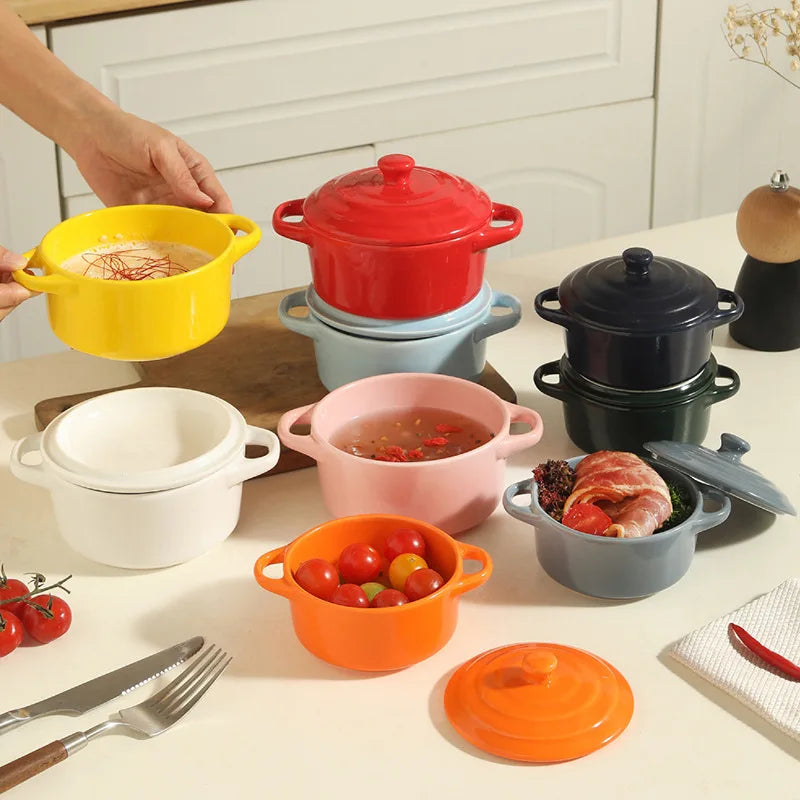 1Pc Small Ceramic Double Ear Bowl - Oven Safe for Steamed Egg Custard, Household Stew Soup, Pudding Baking & Stewing Pot Oasis Select