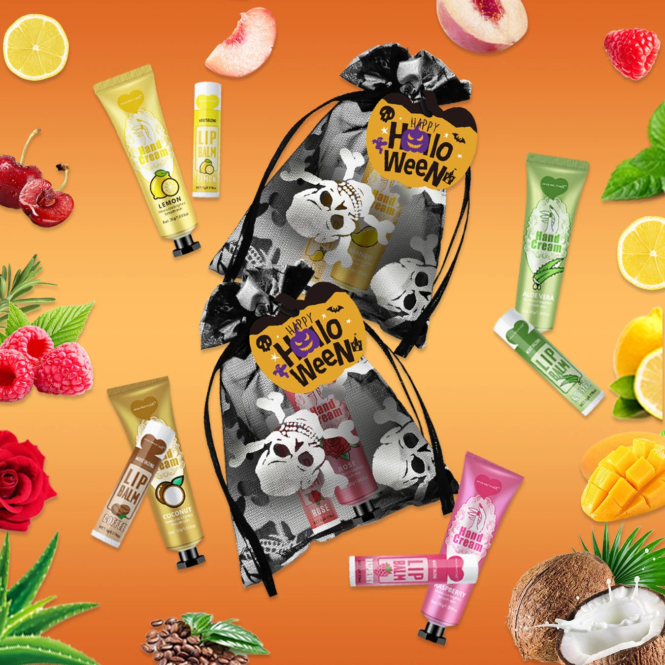 12 Halloween gift sets/box, lip balm set, hand cream set, Easter, skull mesh bag and pumpkin card, Trick or treat Oasis Select