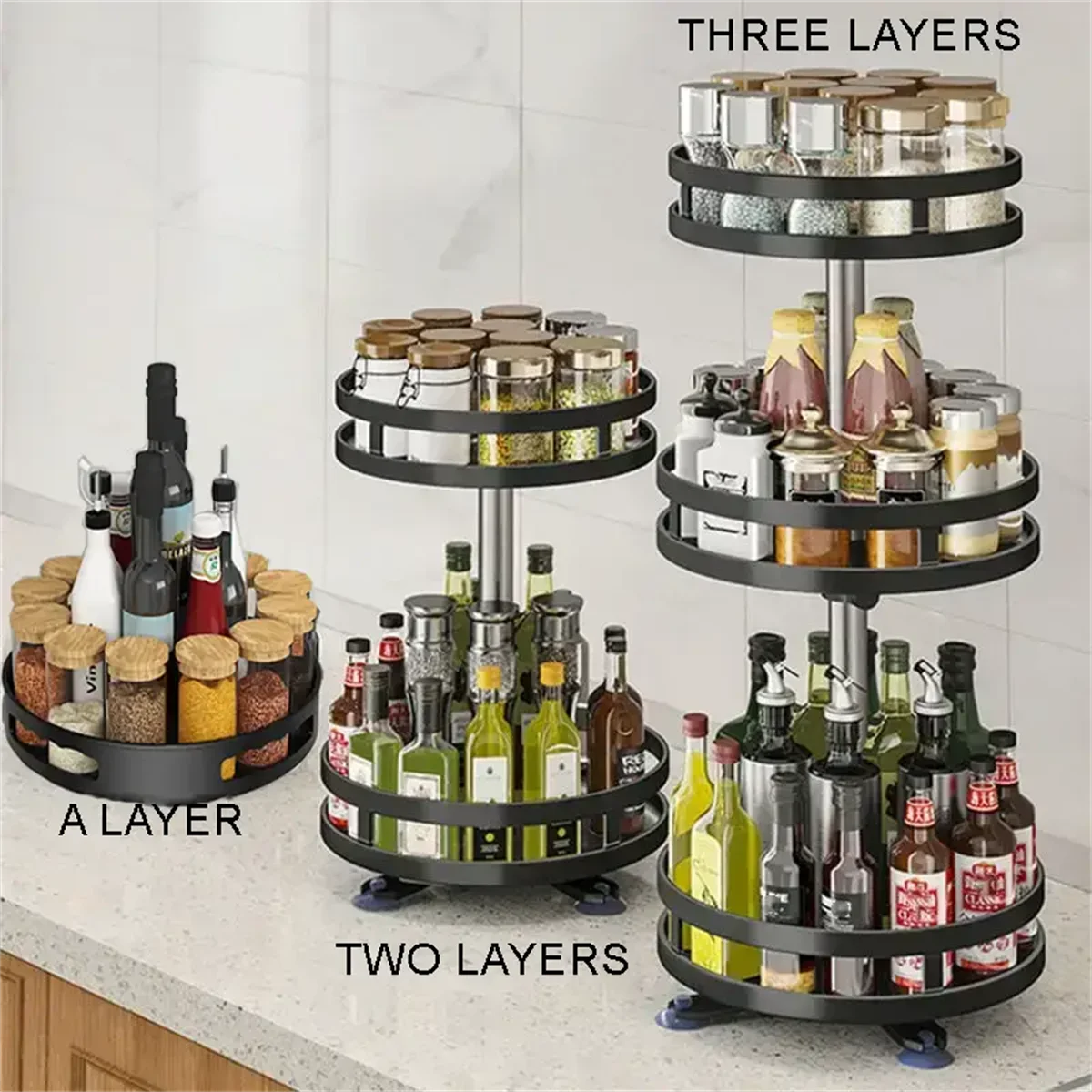 360° Rotation Carbon Steel Spice Rack Organizer Non-Skid Kitchen Storage Tray for Seasonings And Cans - Efficient Spice Oasis Select