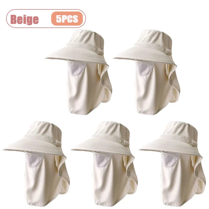 Breathable UV Protection Sun Hat with Face Cover and Neck Flap for Women Summer Outdoor Fishing Hiking Gardening Wide Brim Cap Oasis Select Beige-5PCS
