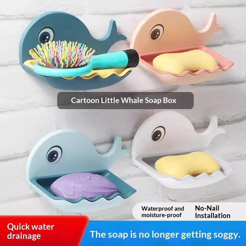 SU 1PCS No-Drill Adhesive Soap Dish, Creative Whale-Shaped Soap Holder With Drainage For Bathroom Double-layer Drain Soap Box Oasis Select